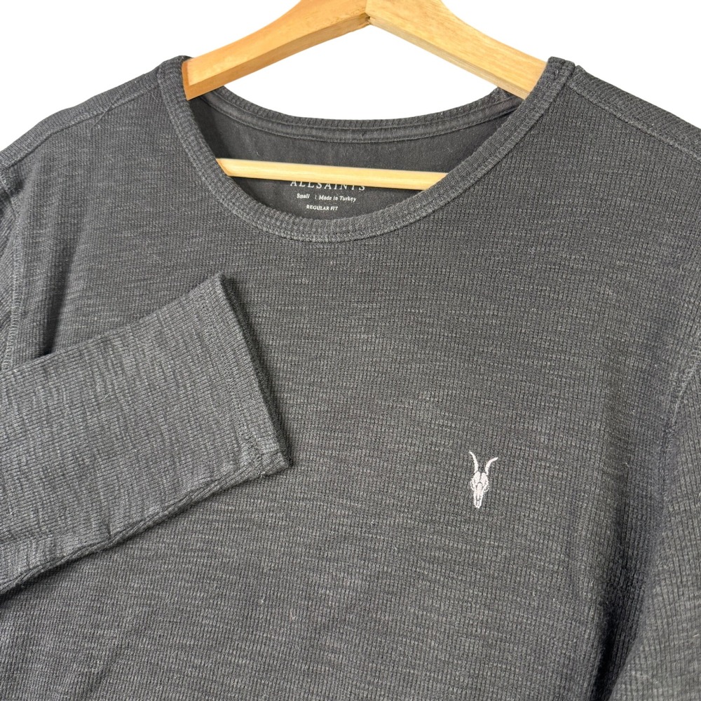 AllSaints Muse LS Crew Regular Fit Waffle Knit Ramskull Logo Shirt Small Black